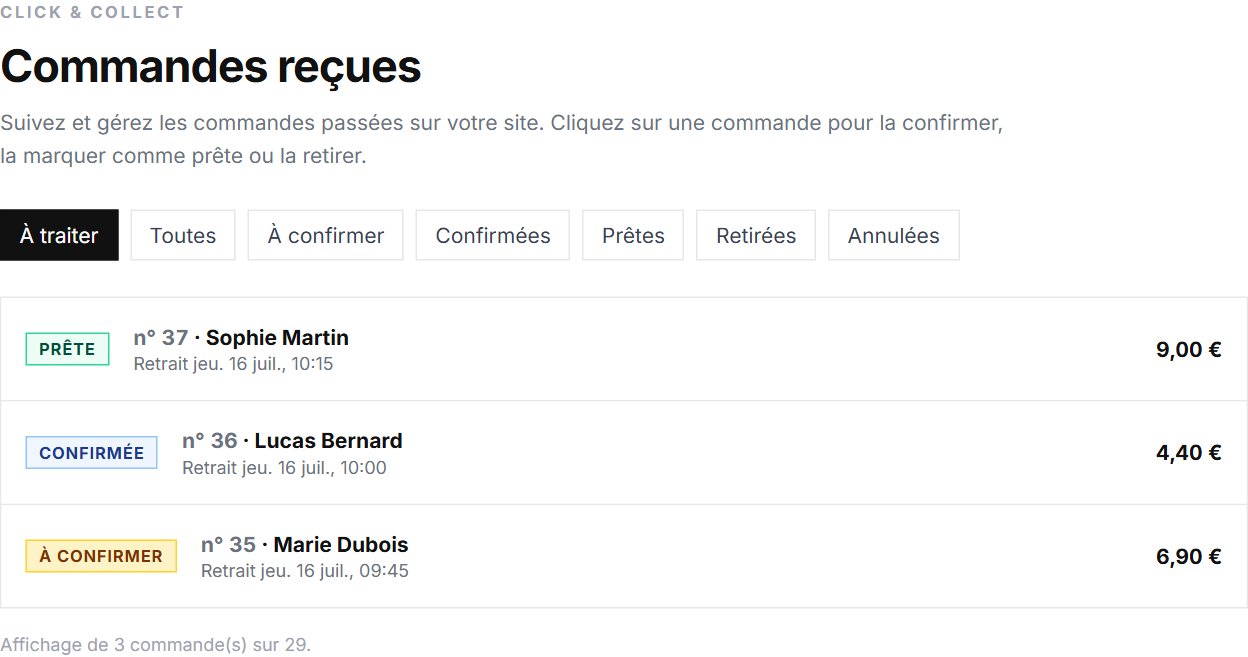 Liste des commandes reçues avec statuts À confirmer, Confirmée, Prête