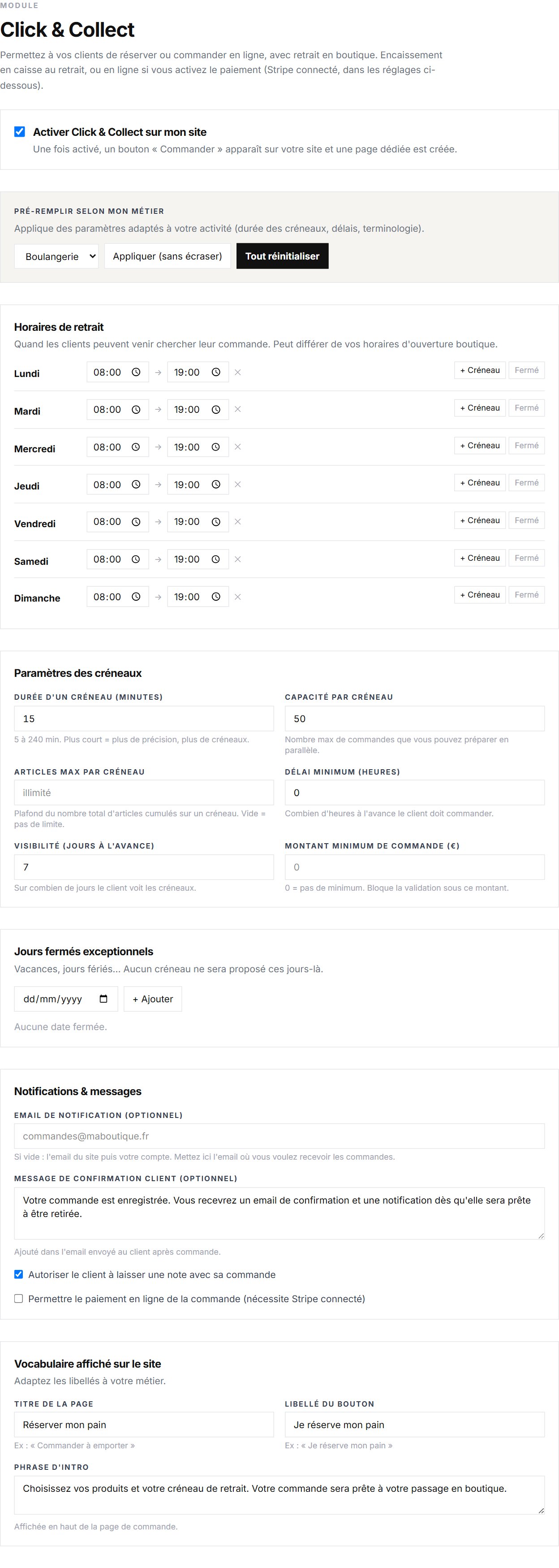 Page de configuration du Click & Collect : horaires de retrait et paramètres des créneaux