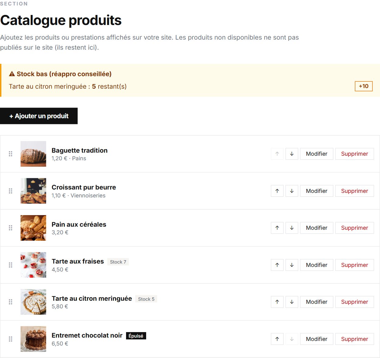 Catalogue produits dans l'éditeur : photos, prix, badges de stock et alerte stock bas