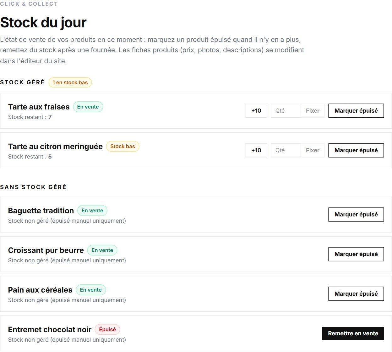 Vue Stock du jour : marquer épuisé, remettre en vente, réapprovisionner