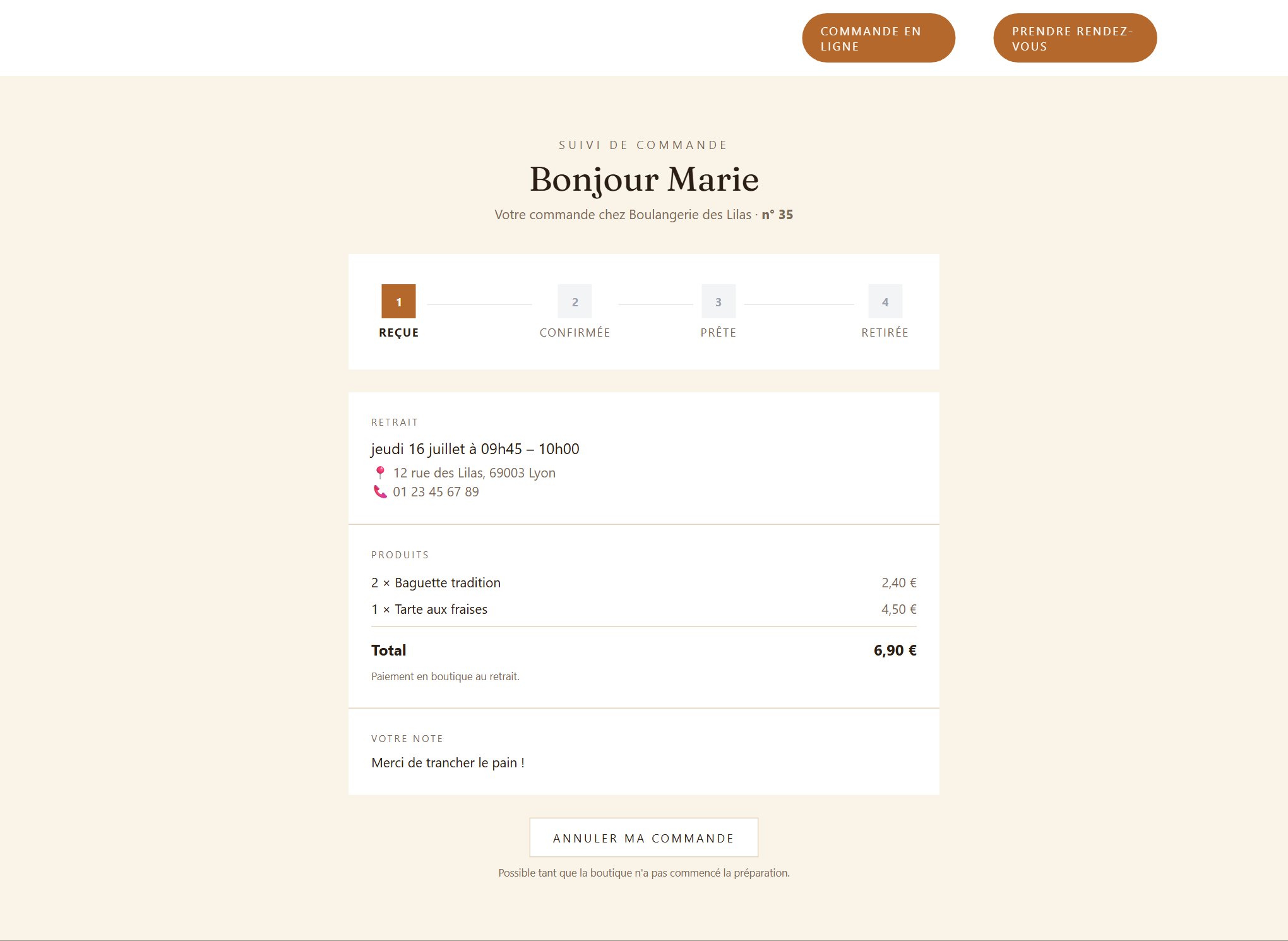 Page de suivi de commande côté client : étapes Reçue, Confirmée, Prête, Retirée