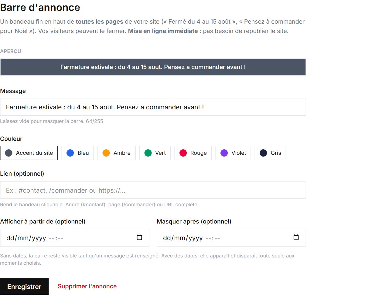 Page Barre d'annonce : message, couleur, lien et fenêtre de dates