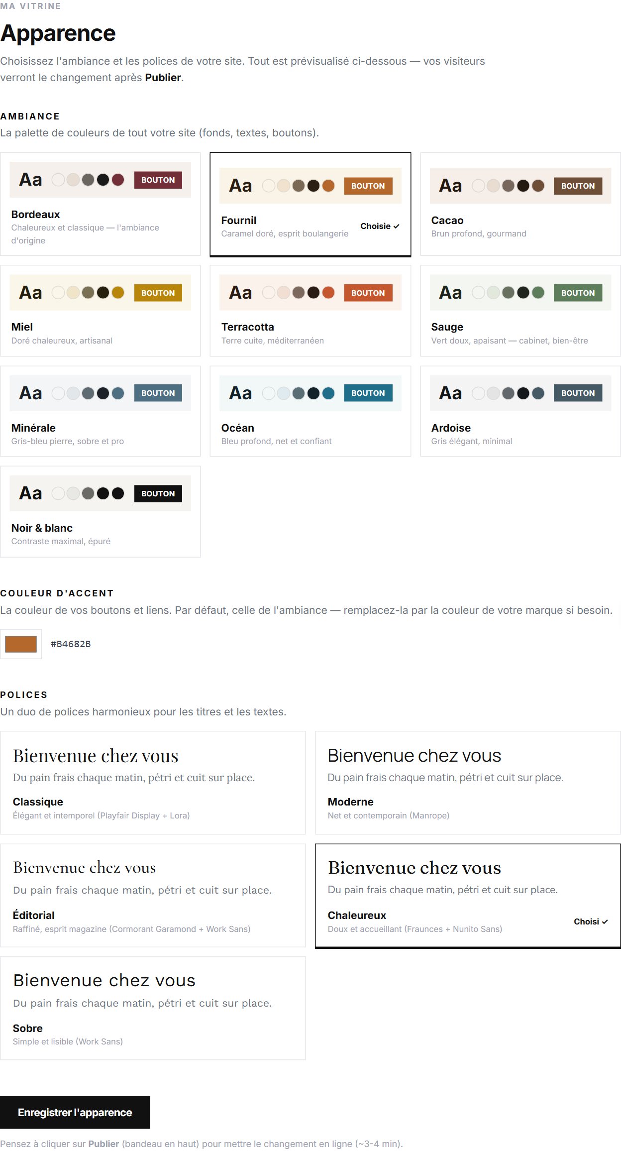 Page Apparence : ambiances de couleurs, accent et duos de polices