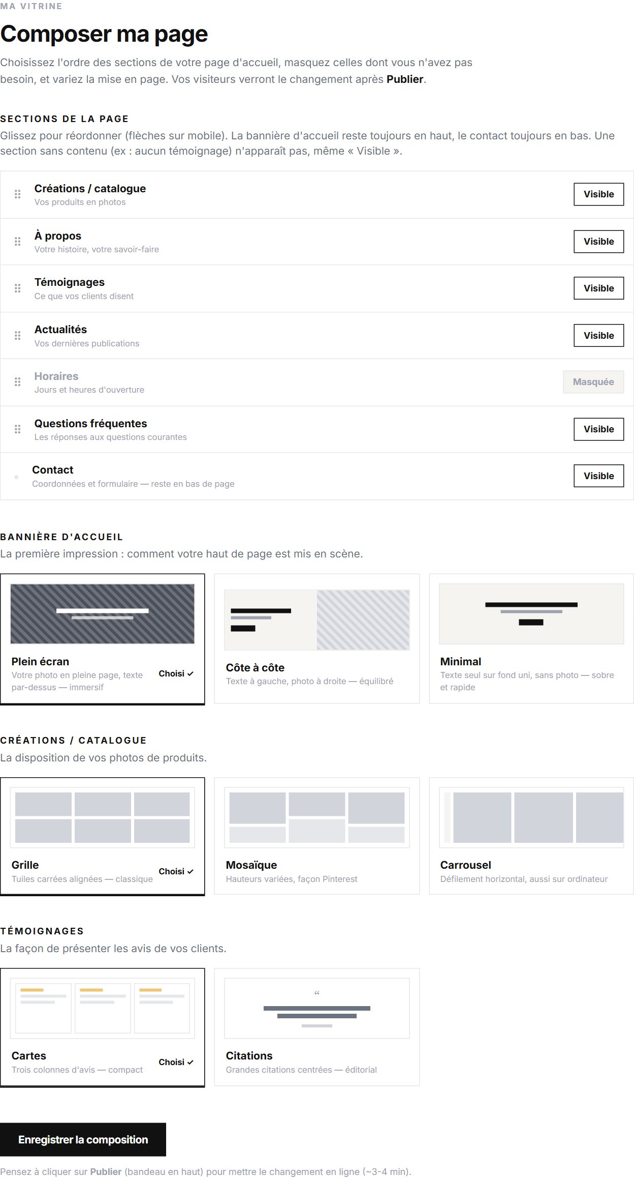 Page Composer ma page : ordre et visibilité des sections de l'accueil