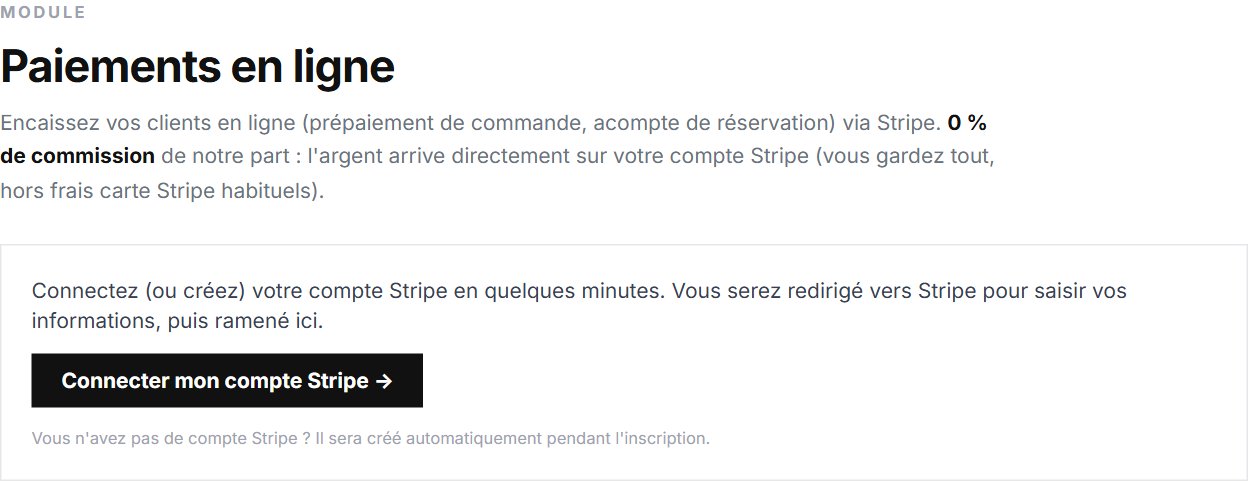 Page Paiements en ligne : connexion du compte Stripe
