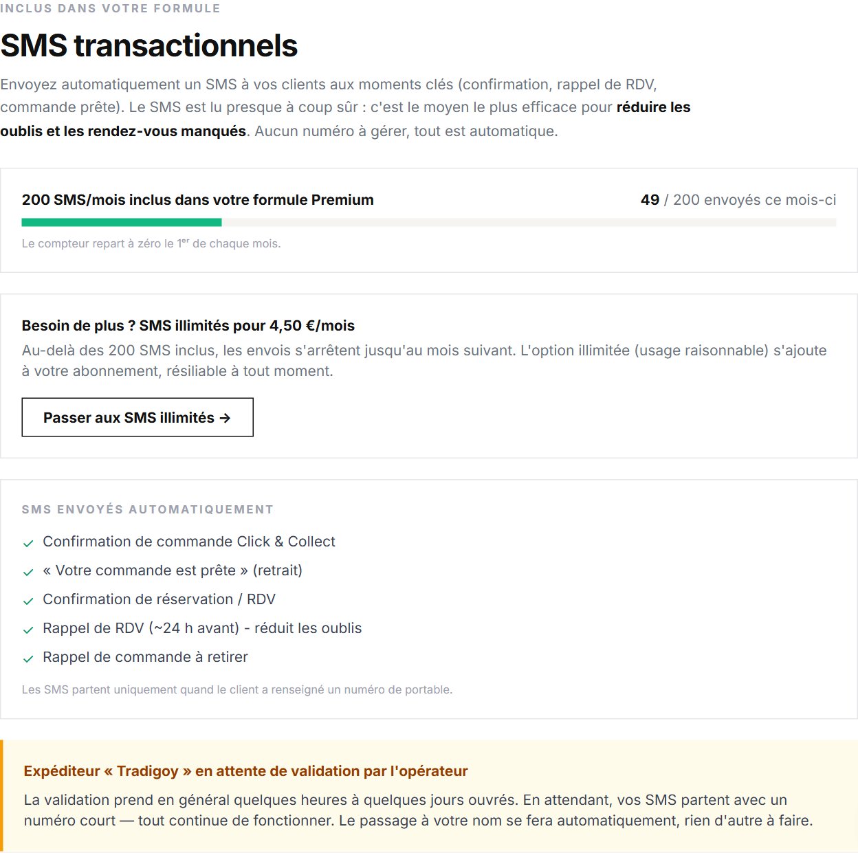 Page SMS : jauge du quota mensuel et expéditeur personnalisé