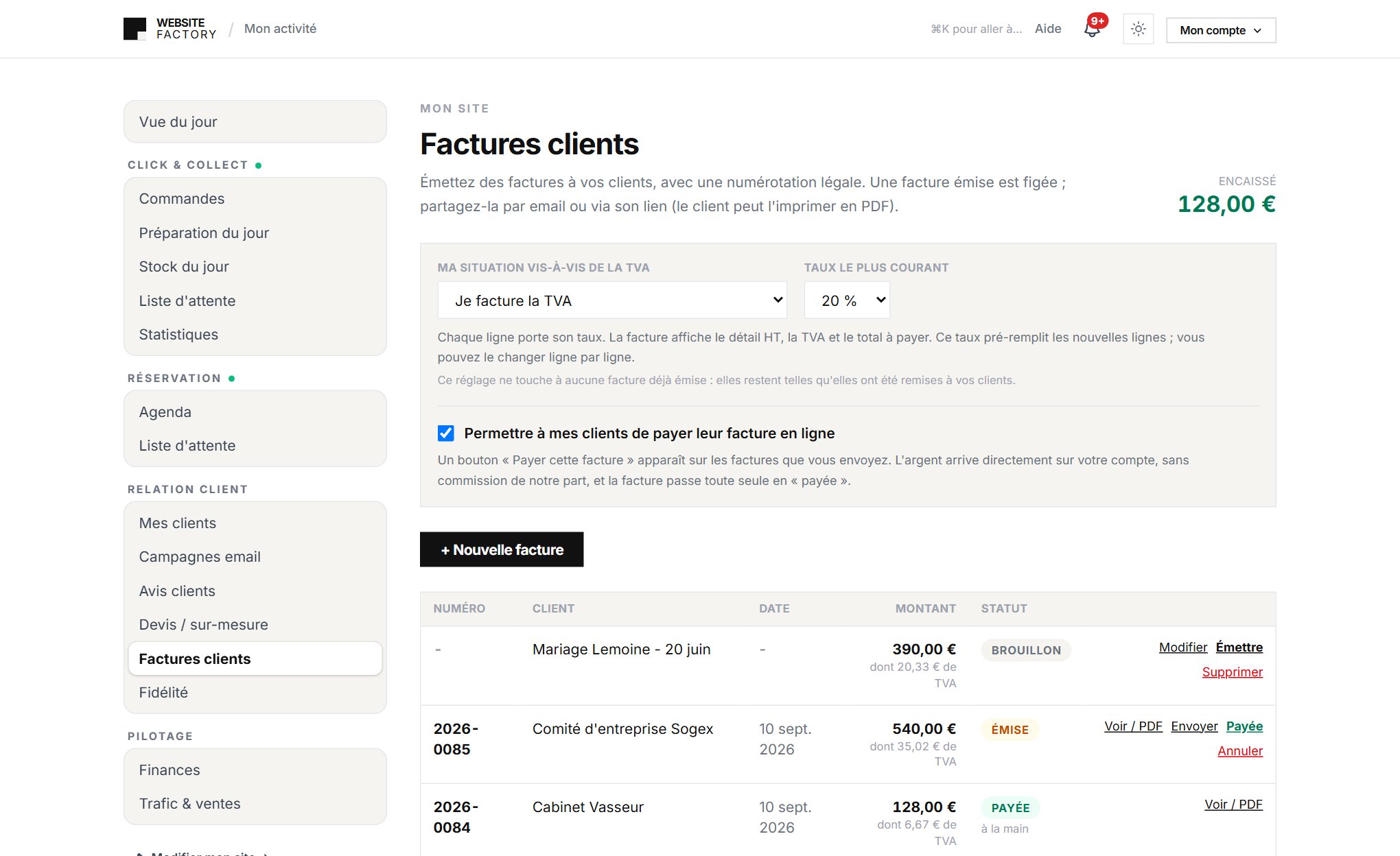 Page Factures clients : réglage de la TVA, paiement en ligne et liste des factures