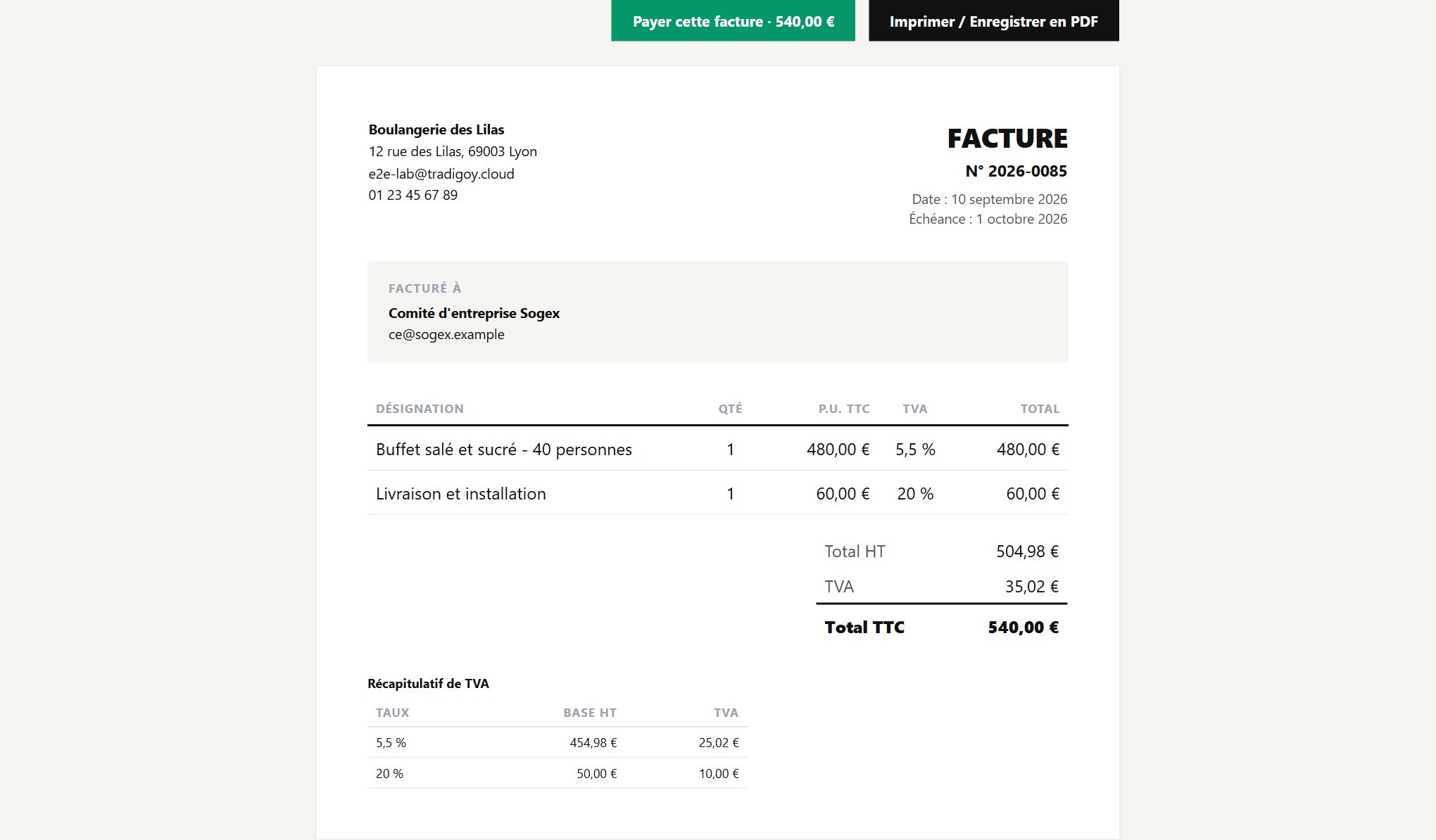 Facture vue par le client, avec les boutons Payer cette facture et Imprimer