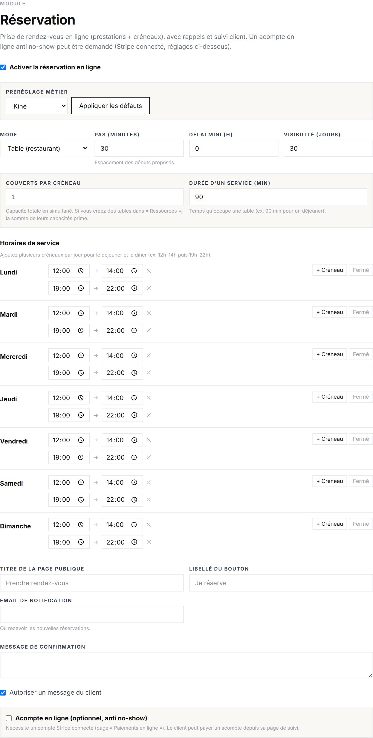 Page de configuration du module Réservation : mode, capacité, horaires de service